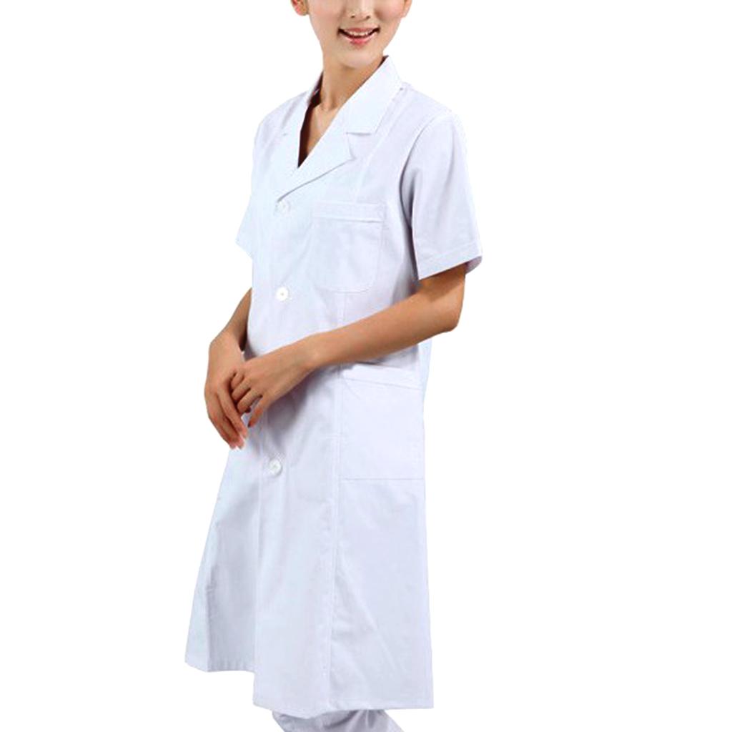 2Pcs Women's Short Sleeve White Scrubs Lab Coat Doctor Nurse Uniform