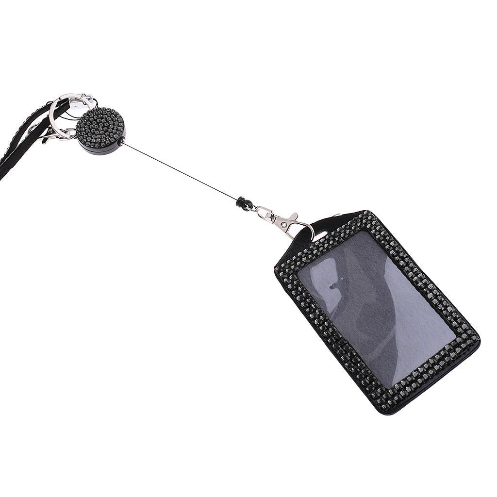 2Pcs Rhinestone Lanyard with Retractable Reel Vertical ID Badge Holder Black