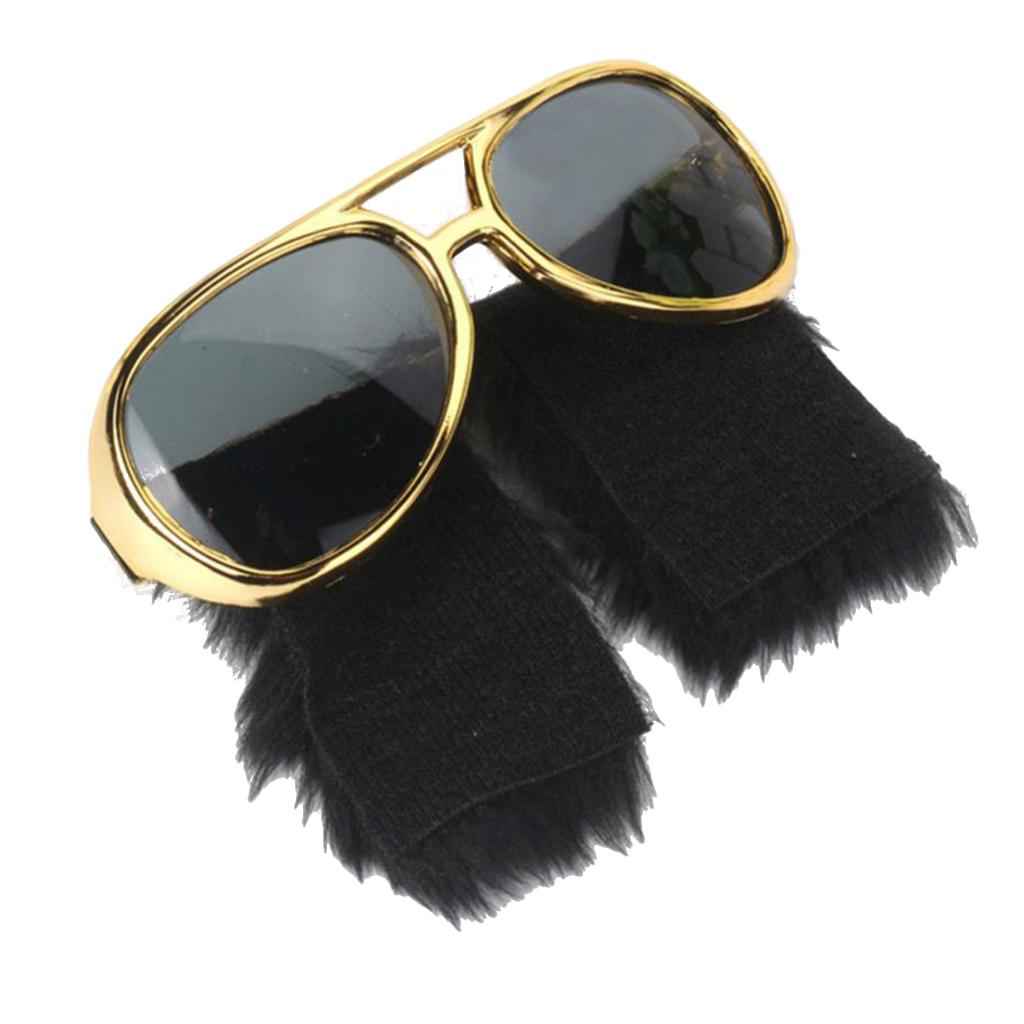 Novelty Elvis Gold Sunglasses Funny Beard Glasses 70s 80s Disco Fancy Dress Accessories