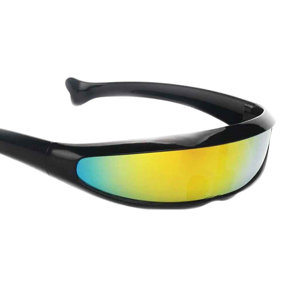 Futuristic Narrow Cyclops Color Mirrored Lens Visor Sunglasses Black Frame Yellow Mirrored