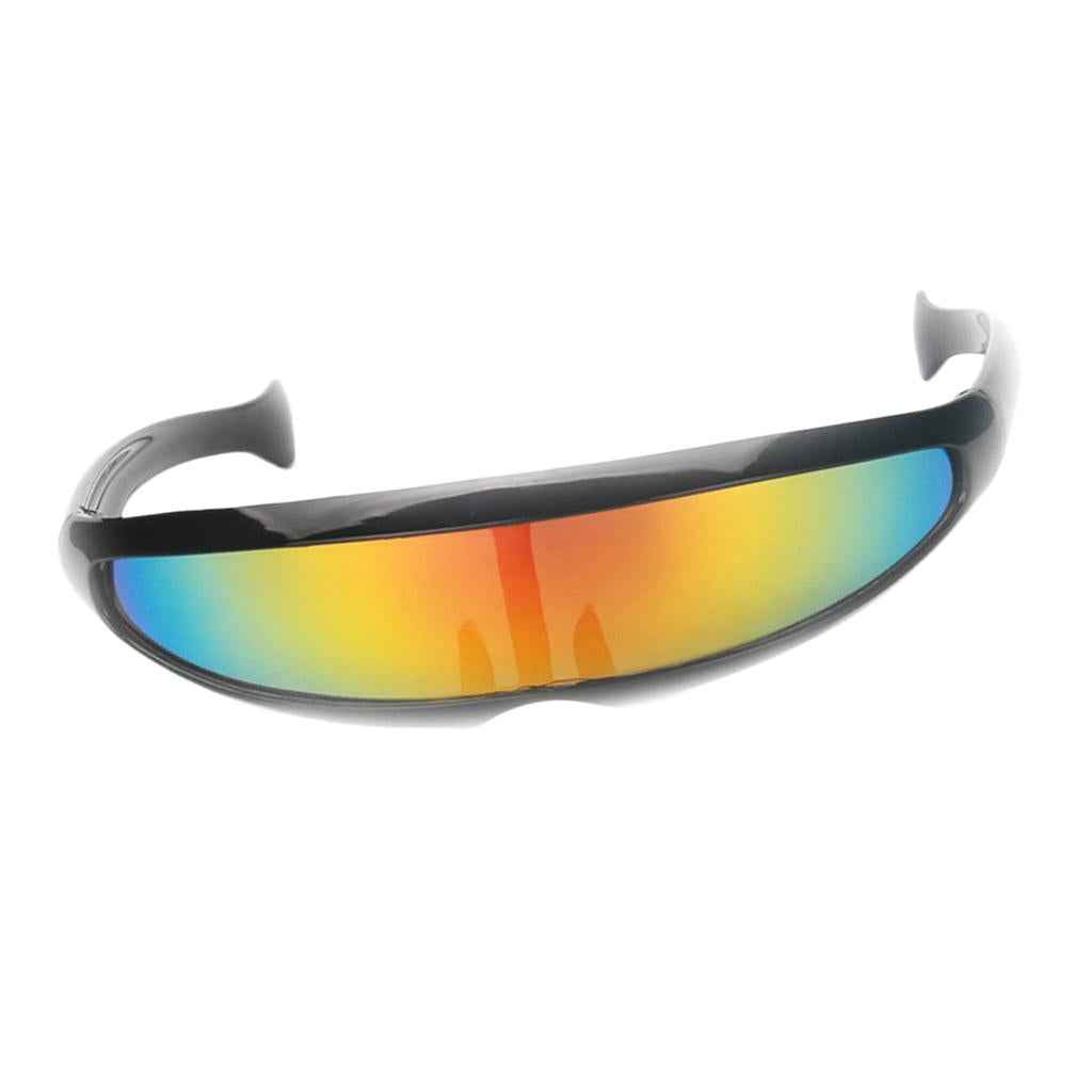 Futuristic Narrow Cyclops Color Mirrored Lens Visor Sunglasses Black Frame Yellow Mirrored