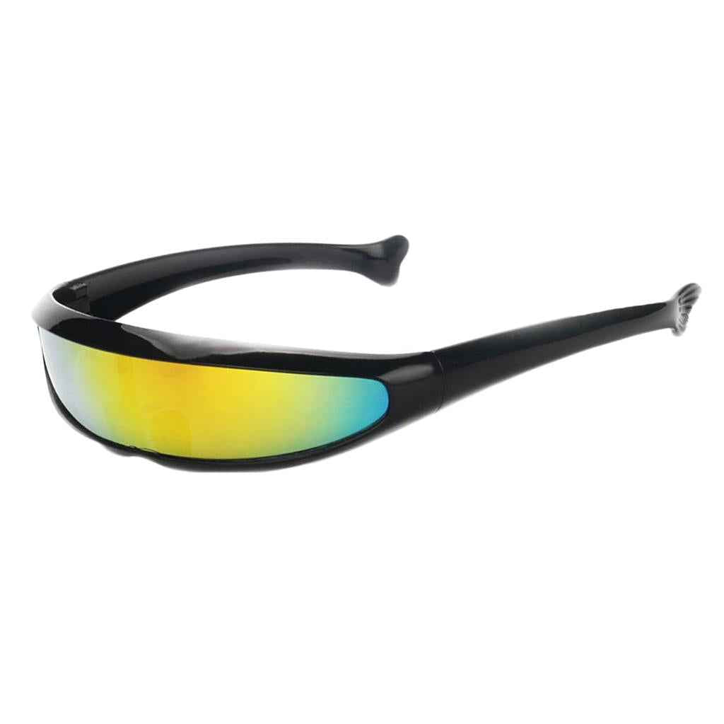 Futuristic Narrow Cyclops Color Mirrored Lens Visor Sunglasses Black Frame Yellow Mirrored