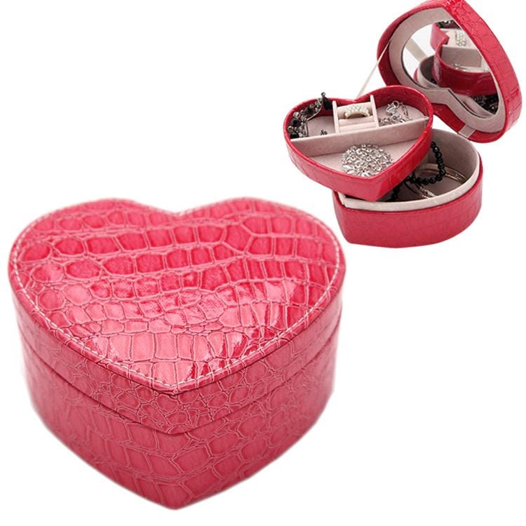 Two-layer Heart Shape Small Jewelry Box Synthetic Leather Rings and Earrings Mirrored Travel Storage Case (Magenta)