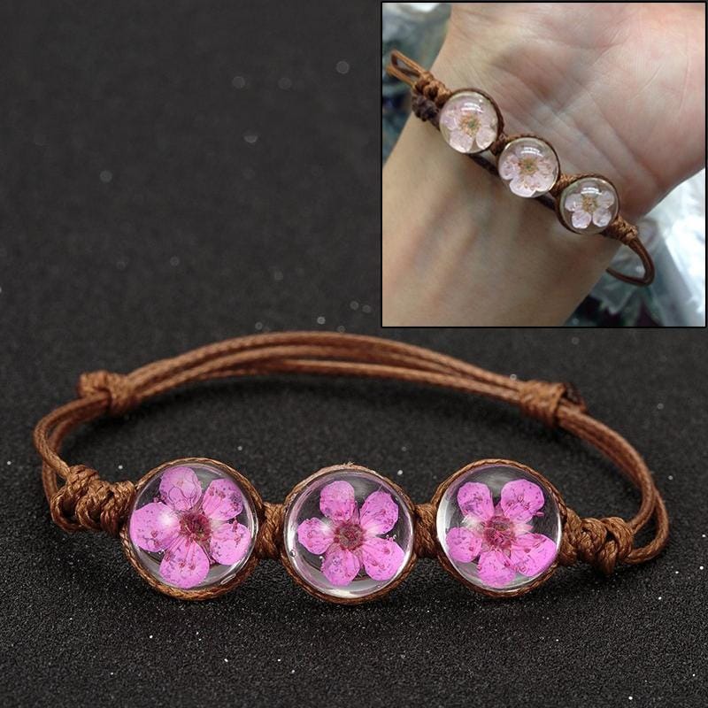 Lucky Handmade Woven Dried Flower Glass Beads Bracelets (Rosered)