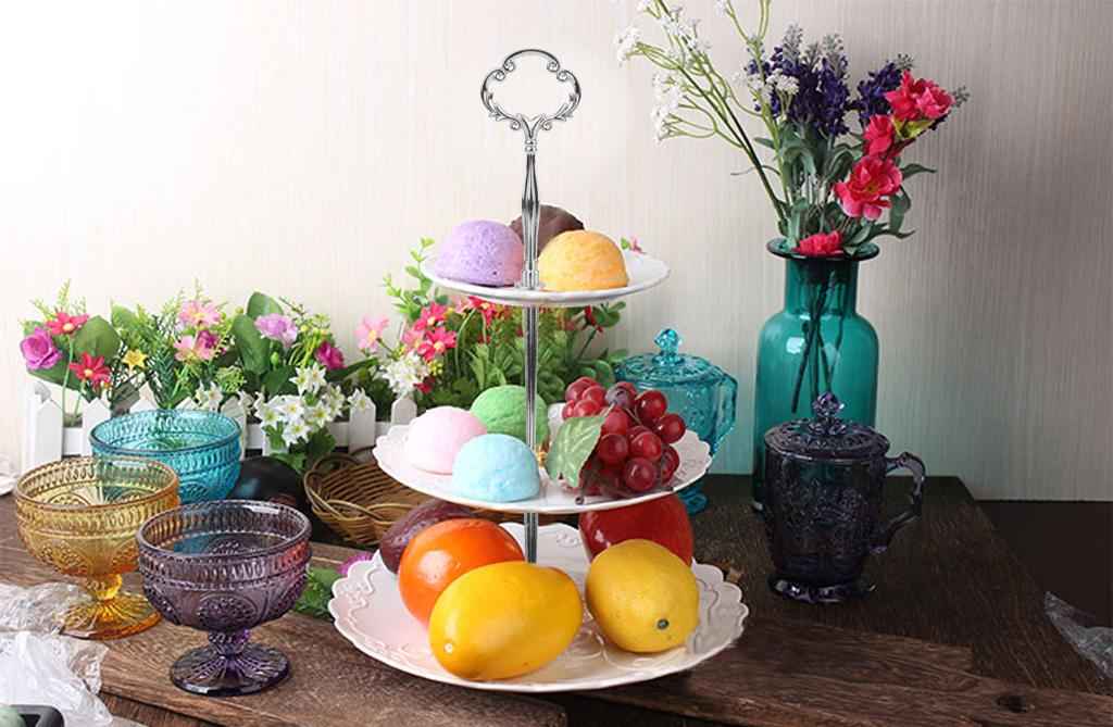 3 Tiers Cake/Fruit Stand with Flower Shaped top Silver Plated Handle Fitting