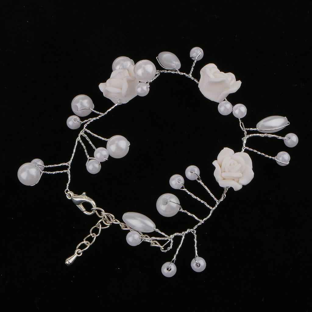 Wedding Bridal Dangle Pearls Beaded Rose Flower Bracelet Jewelry Gifts