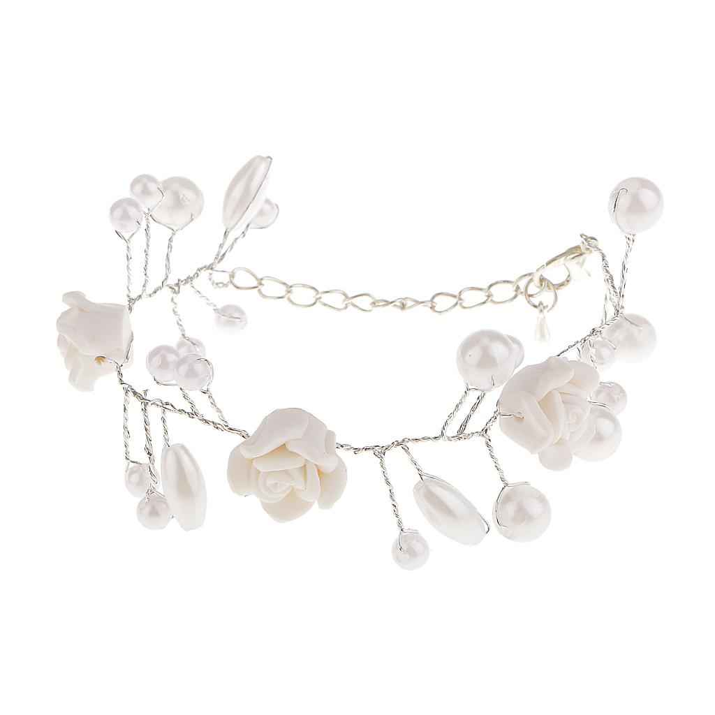 Wedding Bridal Dangle Pearls Beaded Rose Flower Bracelet Jewelry Gifts