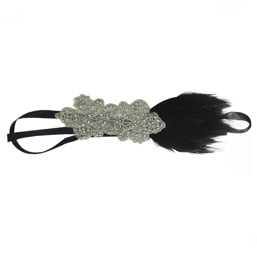 Vintage Crystal Rhinestone Black Feather Headband 1920s Women Headpieces