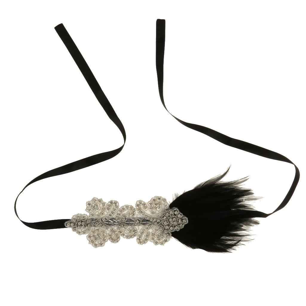 Vintage Crystal Rhinestone Black Feather Headband 1920s Women Headpieces