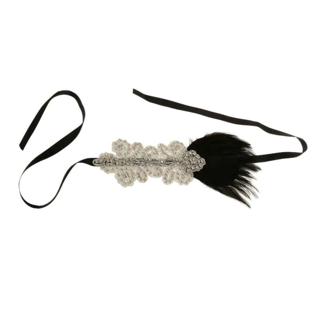 Vintage Crystal Rhinestone Black Feather Headband 1920s Women Headpieces