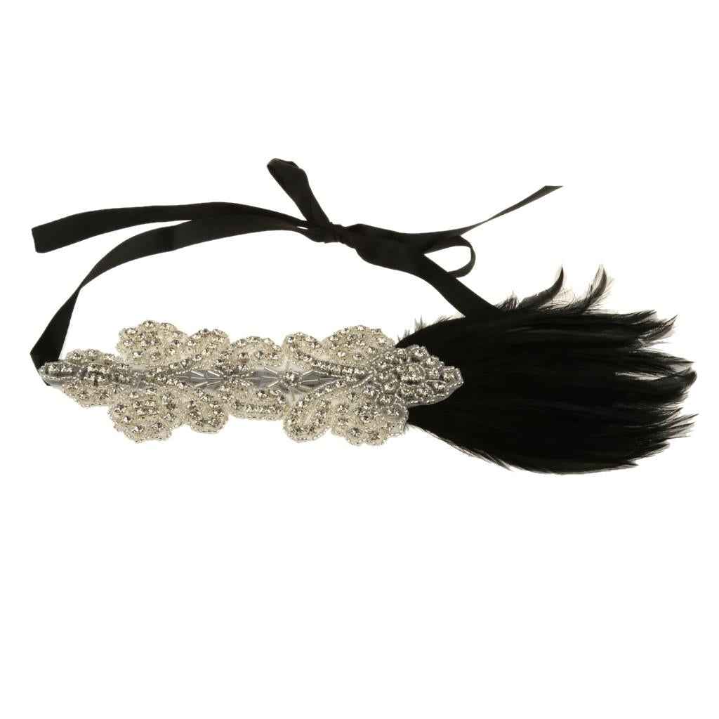 Vintage Crystal Rhinestone Black Feather Headband 1920s Women Headpieces