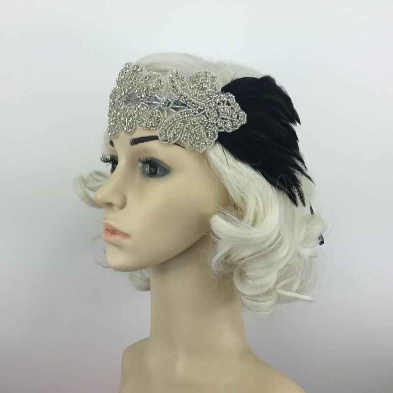 Vintage Crystal Rhinestone Black Feather Headband 1920s Women Headpieces