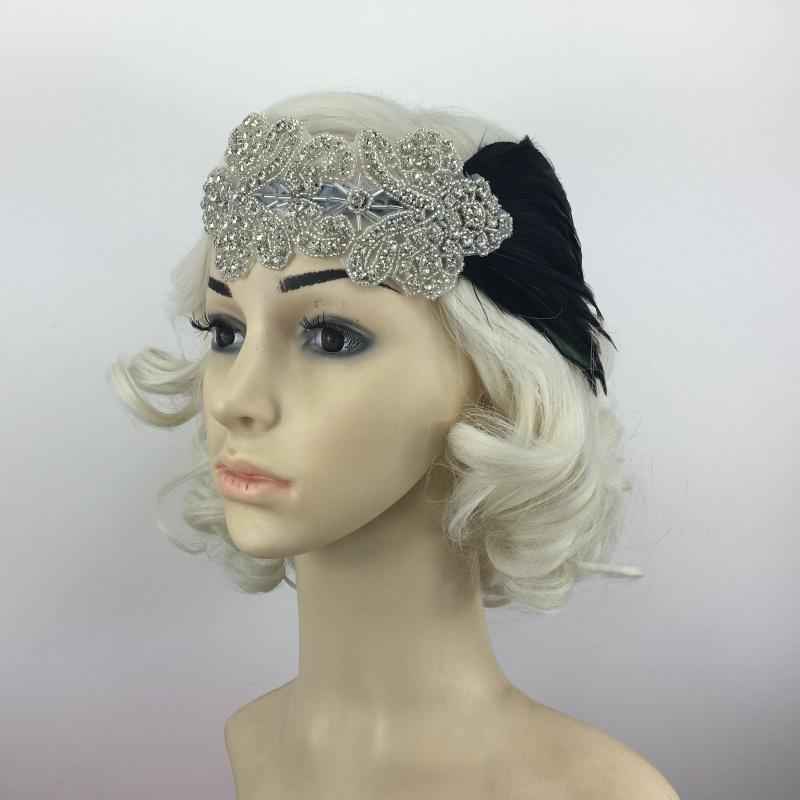 Vintage Crystal Rhinestone Black Feather Headband 1920s Women Headpieces