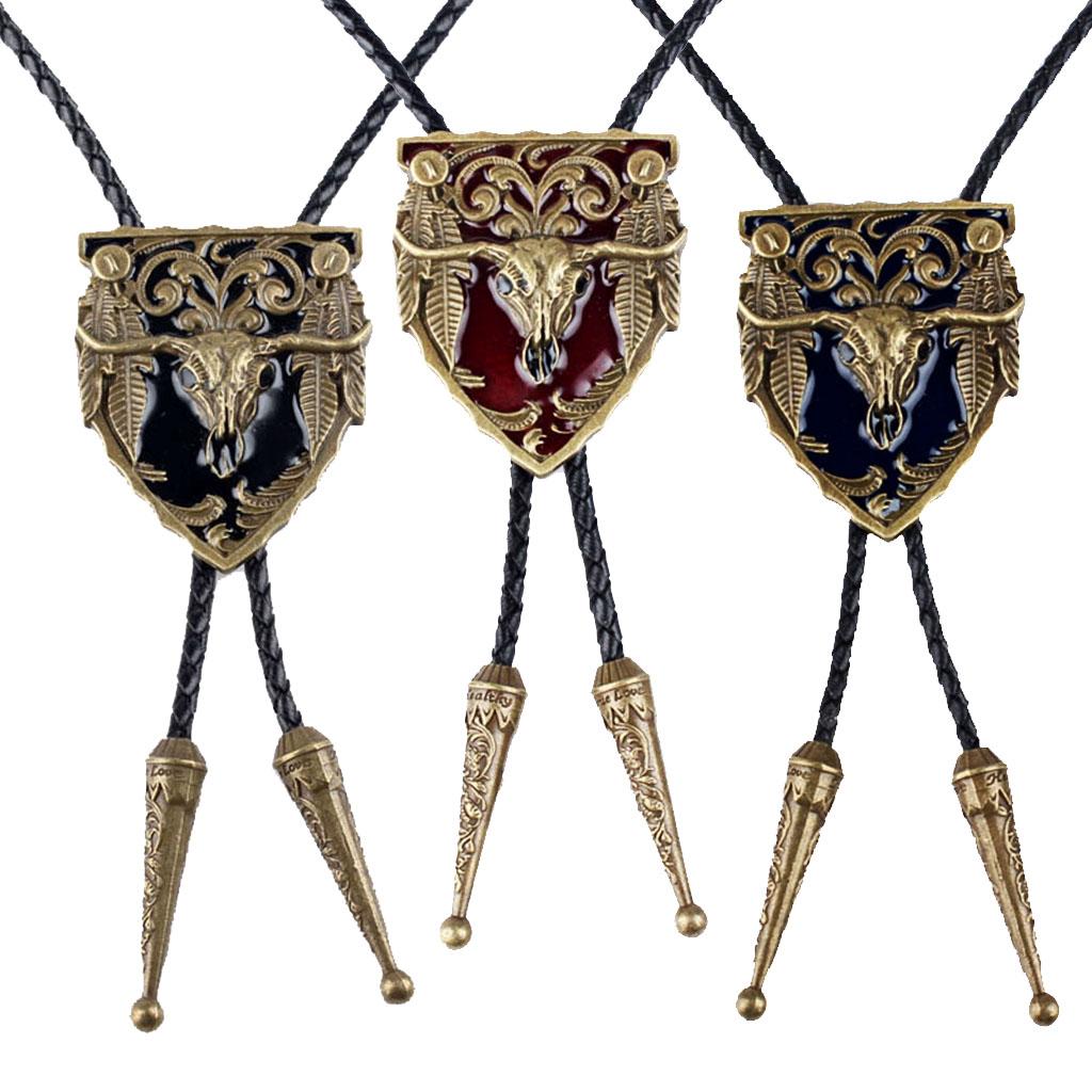 3 Pieces Men Vintage Western Cowboy Rodeo Cow Bolo Tie Bola Pendant Necklace