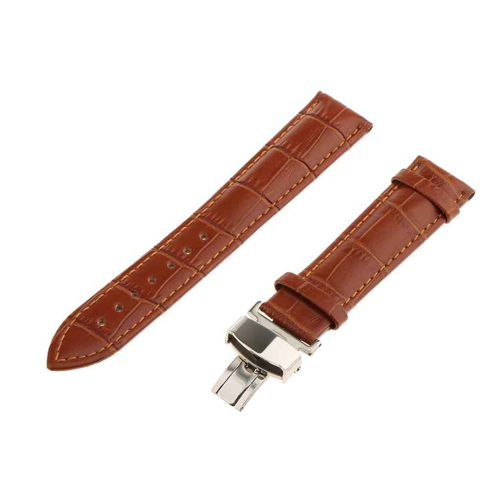 Leather Watch Band Butterfly Deployment Clasp Buckle Brown 20mm
