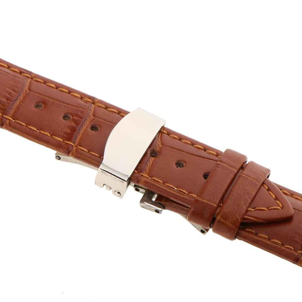 Leather Watch Band Butterfly Deployment Clasp Buckle Brown 20mm