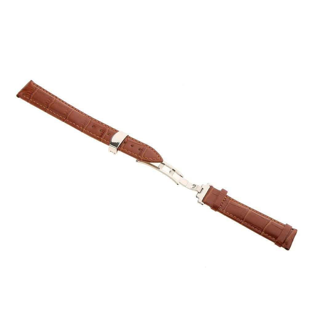 Leather Watch Band Butterfly Deployment Clasp Buckle Brown 20mm