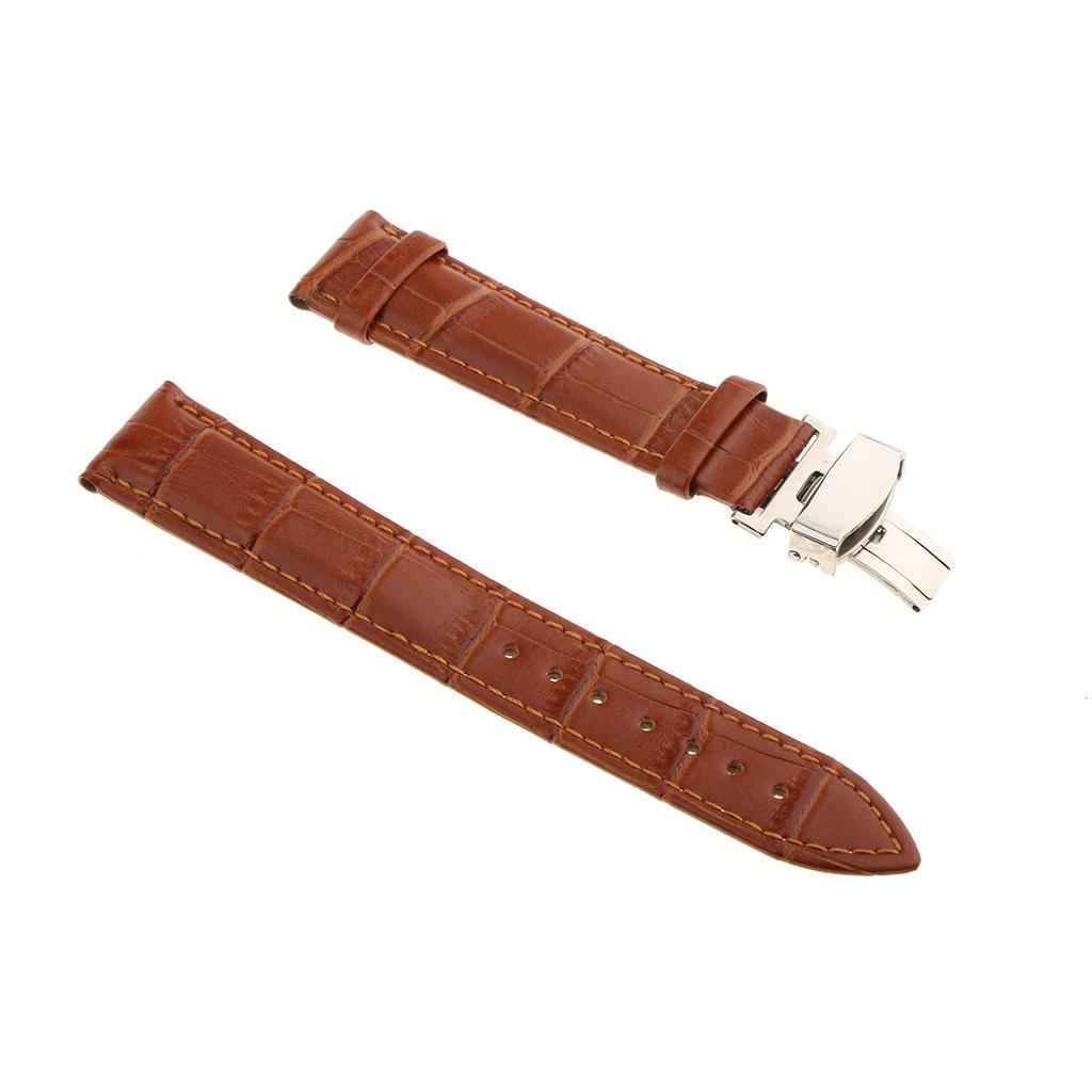 Leather Watch Band Butterfly Deployment Clasp Buckle Brown 20mm