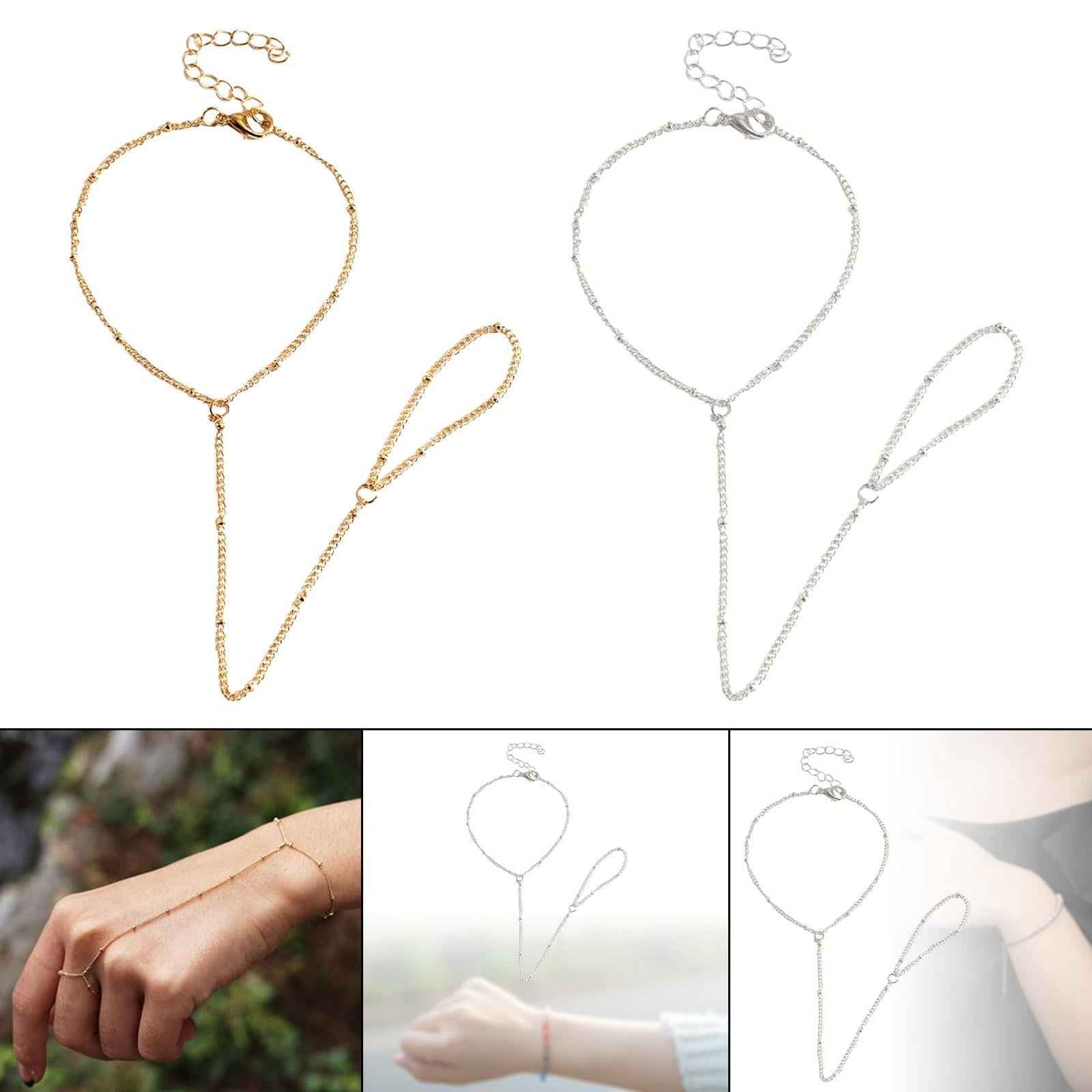 Finger Ring Bracelet Adjustable Beaded Hand Chain for Party Women Girls Gold