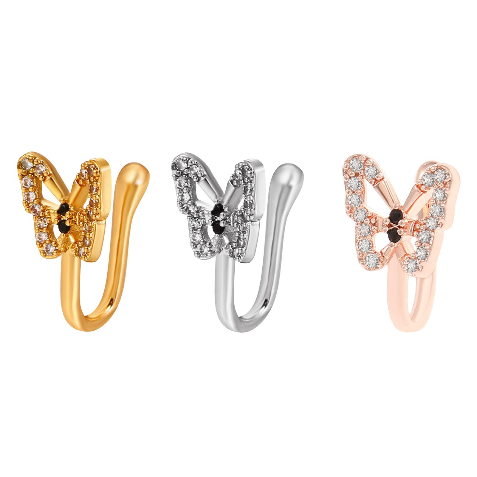 3xFake Nose Ring Rhinestone Copper No Piercing Clip on Nose Ring for Women Men Aureate