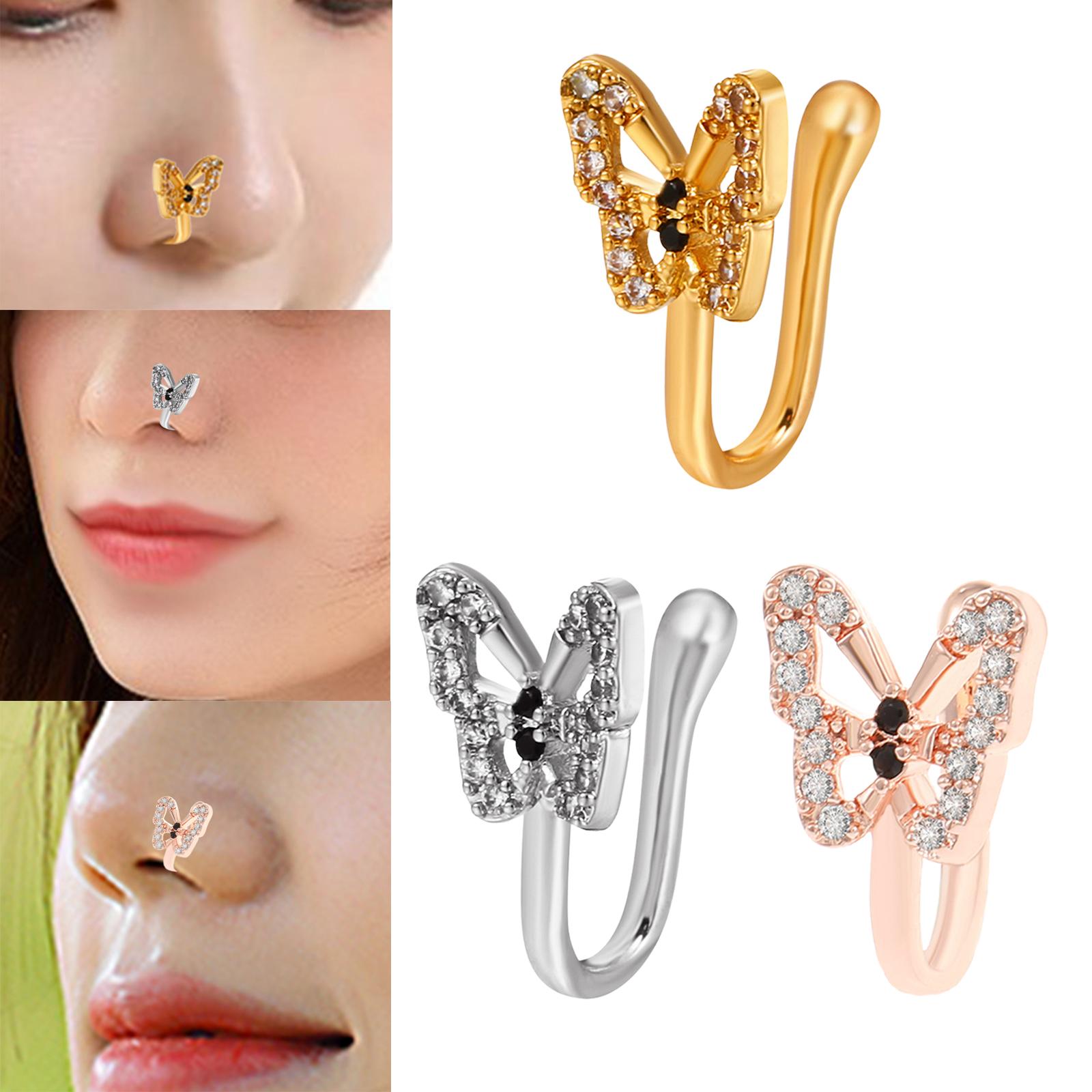 3xFake Nose Ring Rhinestone Copper No Piercing Clip on Nose Ring for Women Men Aureate