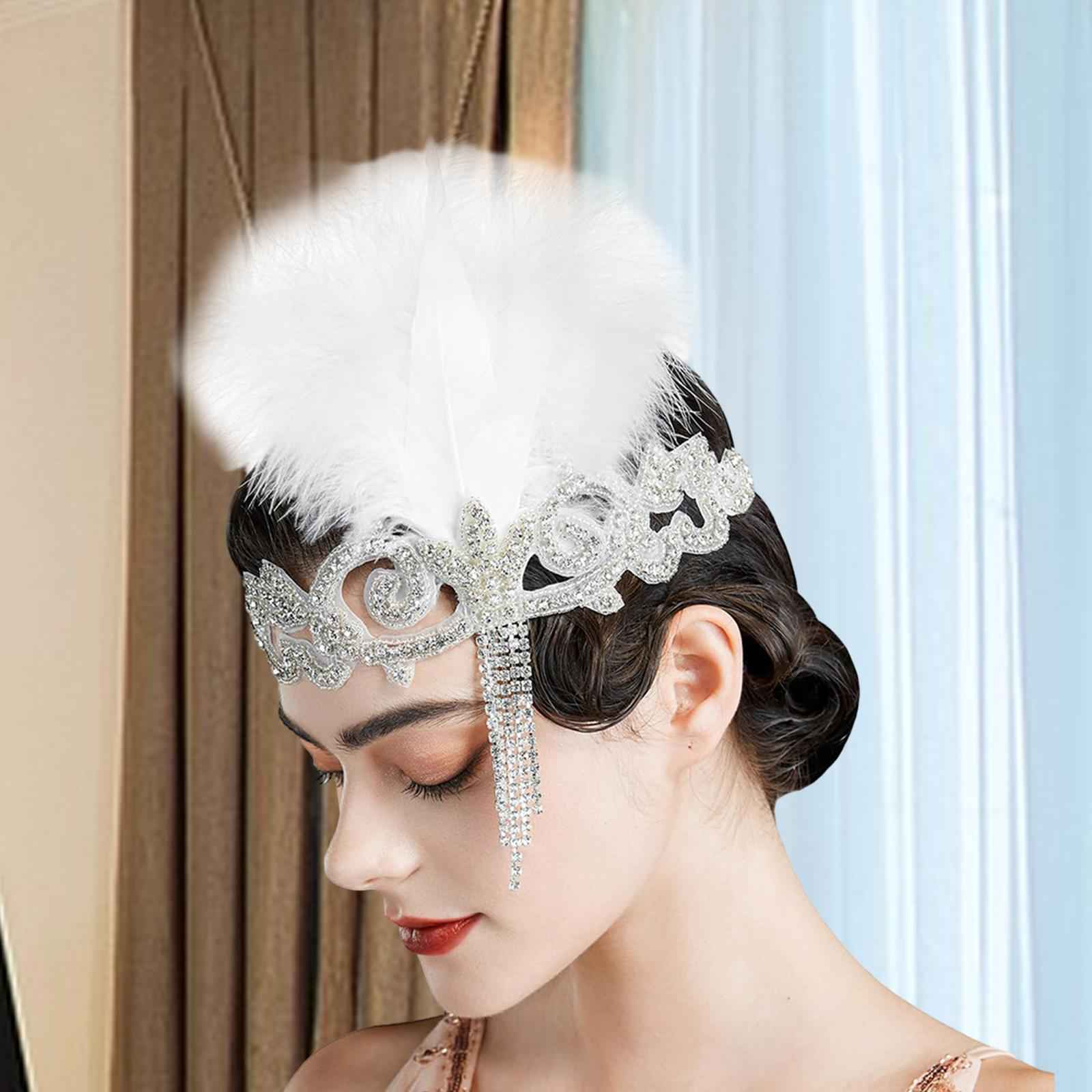 Flapper Headband Retro Feather Headpiece for Stage Performance Carnival Prom White