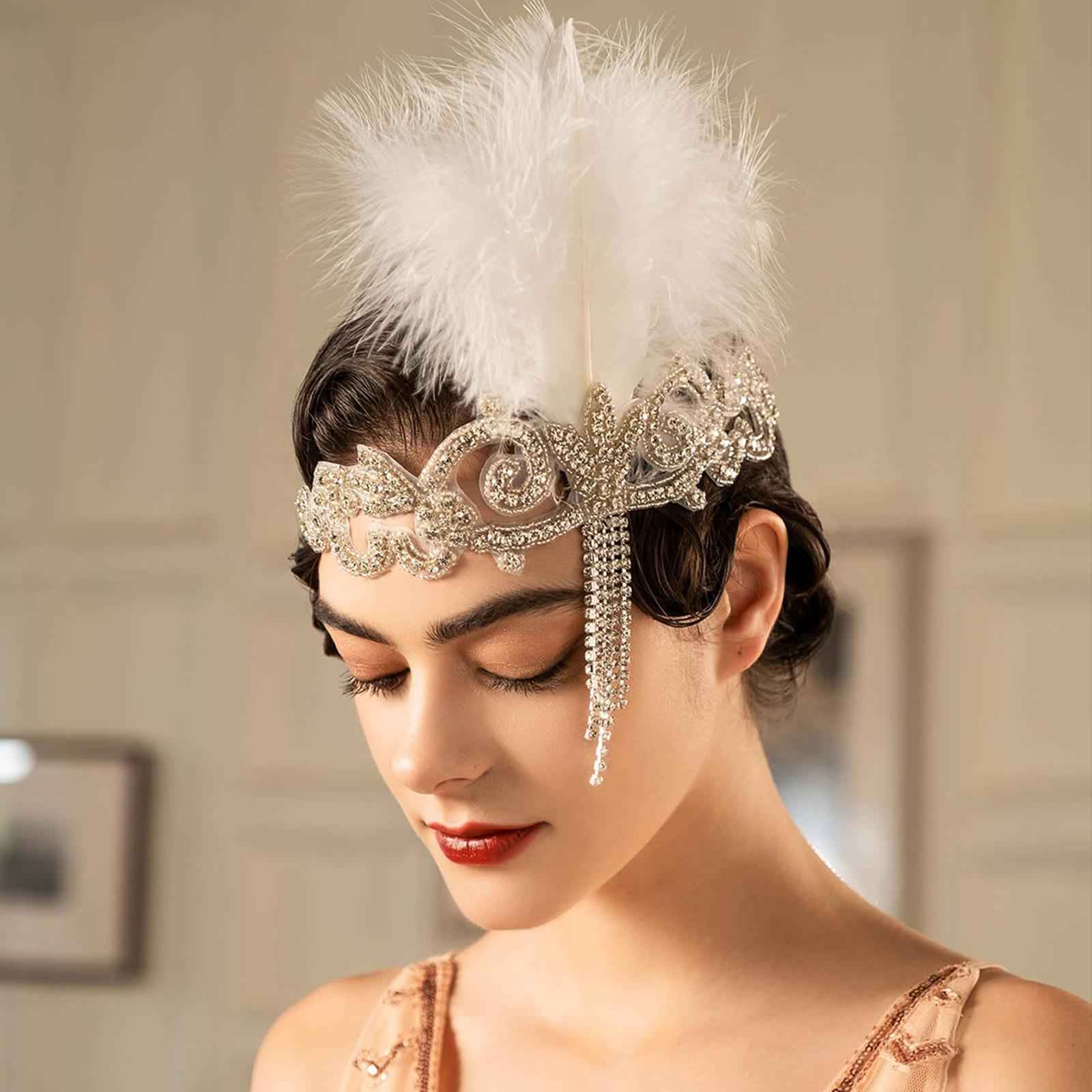Flapper Headband Retro Feather Headpiece for Stage Performance Carnival Prom White
