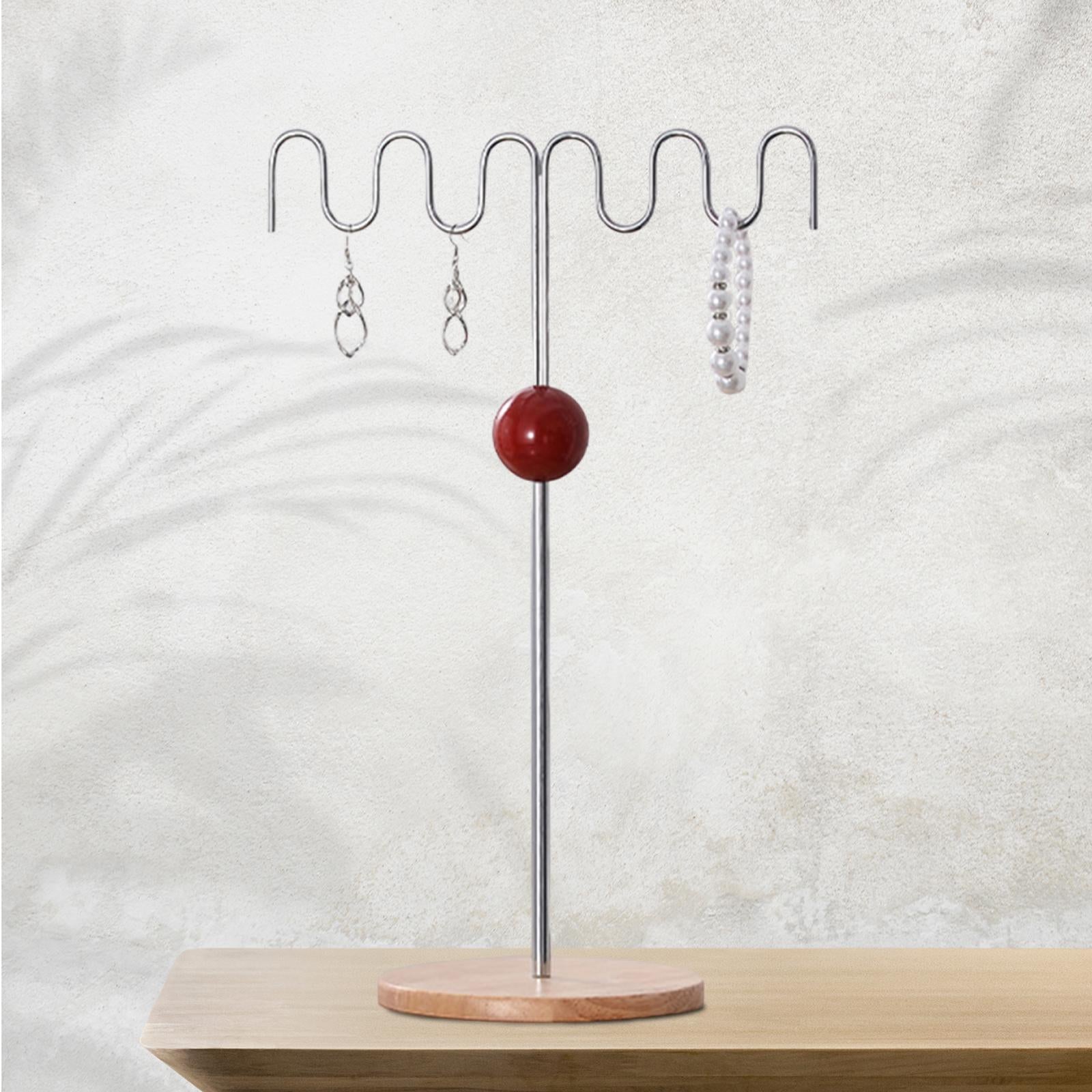 Necklace Organizer Stand Metal Earring Holder for Bangles Pendants Bracelets Red Acrylic Base