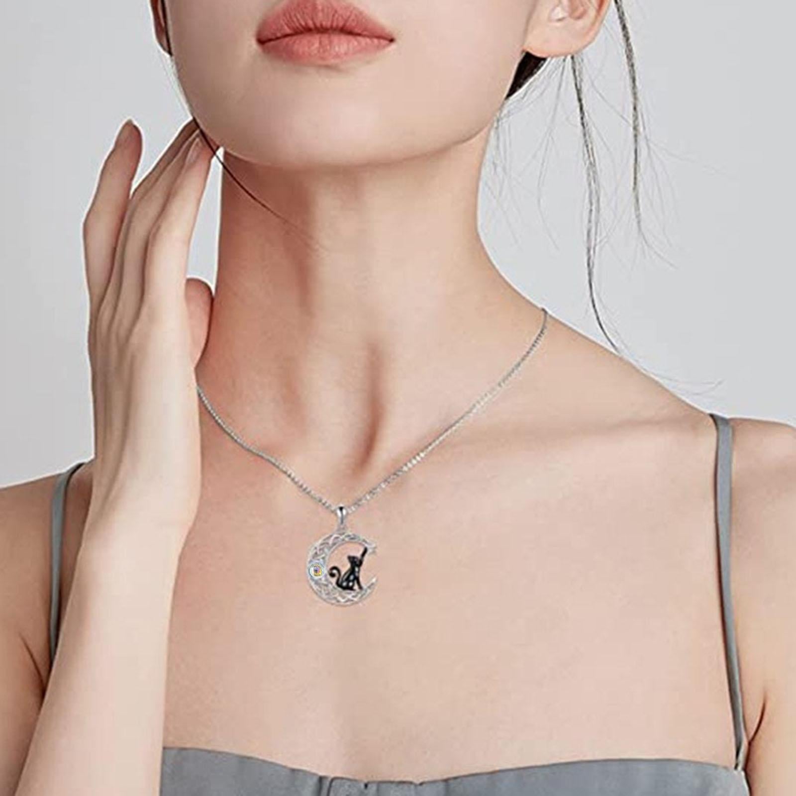 Black Cat and Crescent Moon Necklace for Valentines Day Anniversary Birthday