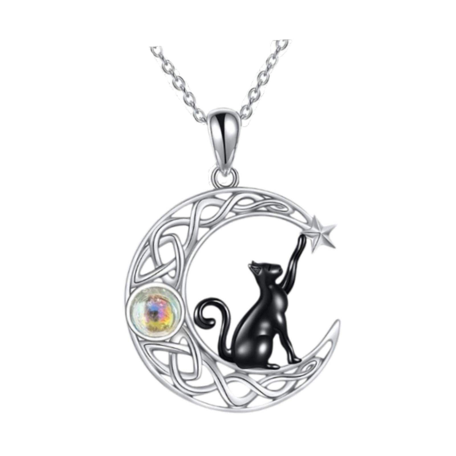 Black Cat and Crescent Moon Necklace for Valentines Day Anniversary Birthday