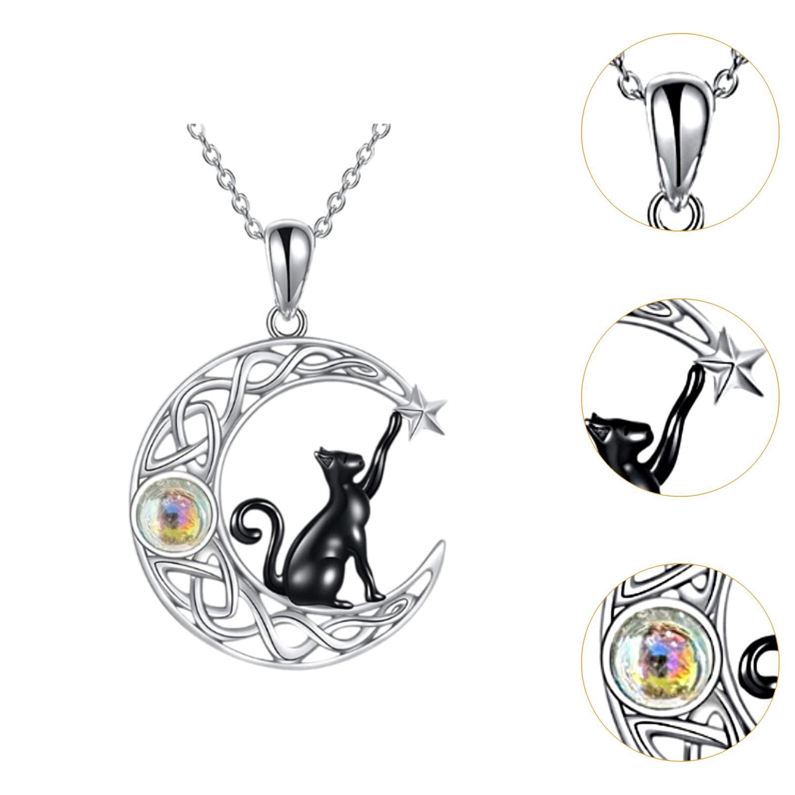 Black Cat and Crescent Moon Necklace for Valentines Day Anniversary Birthday