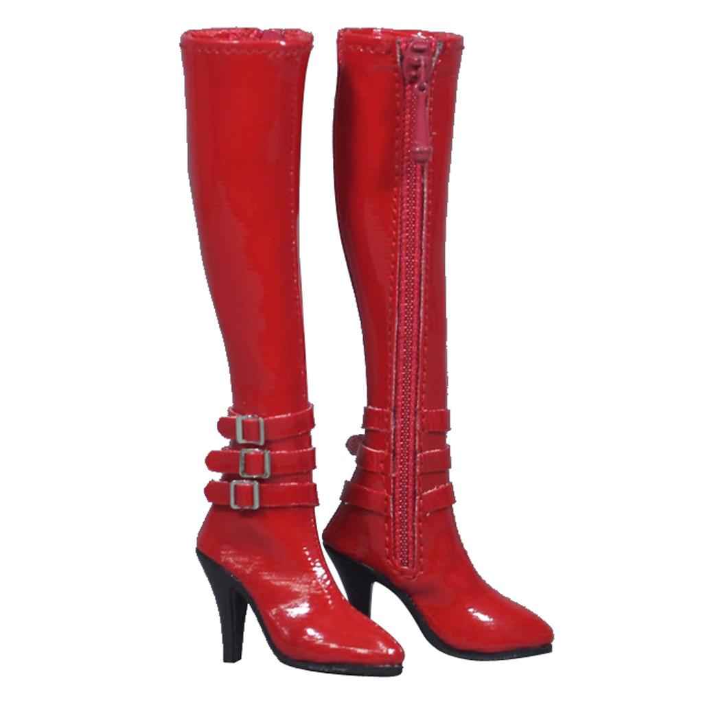 1/6 Women's Zip Up High Heeled Long Boots Shoes for 12'' Action Figure Red