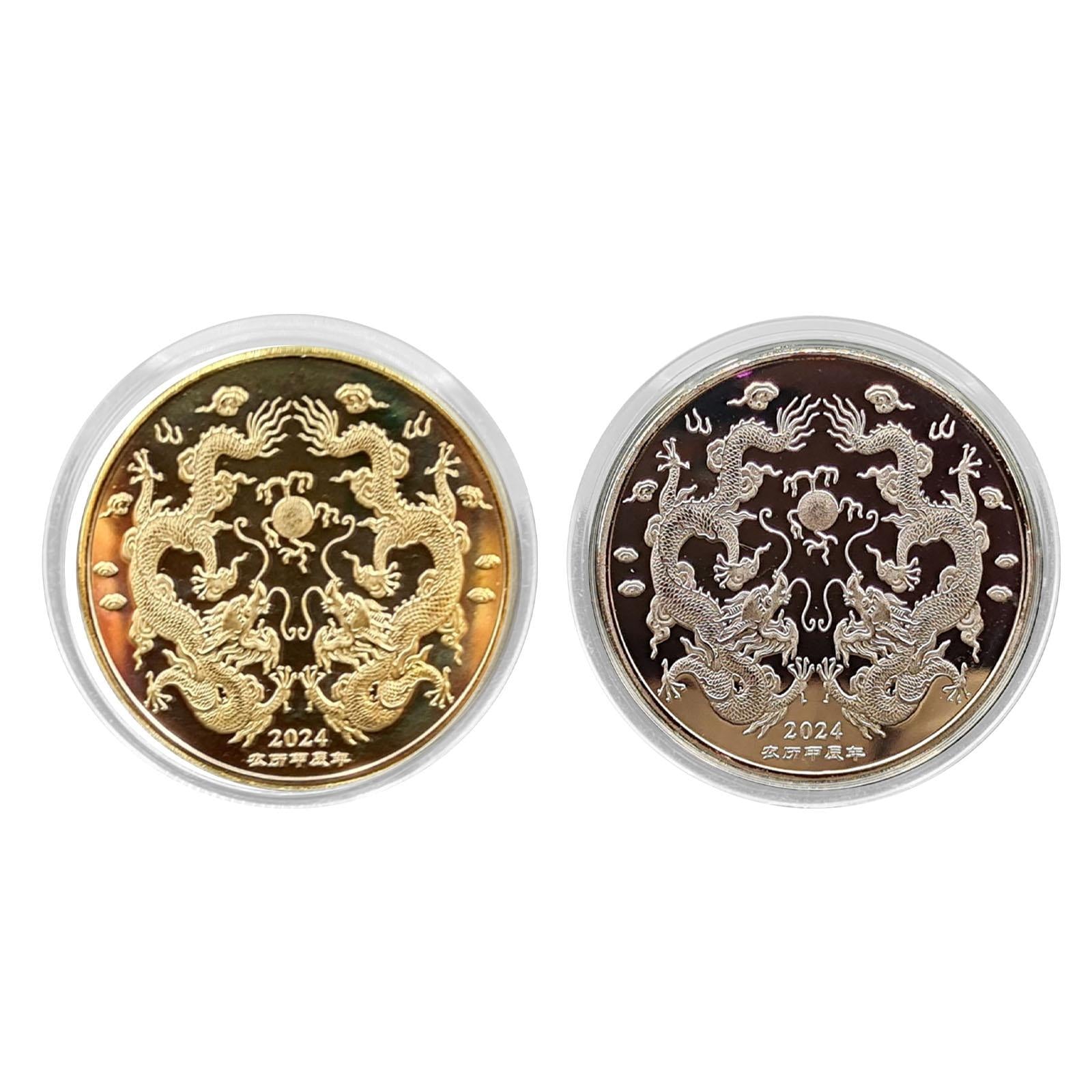 2x2024 Years of The Dragon Chinese Coin Badge Collection Coins for Family Adults Golden