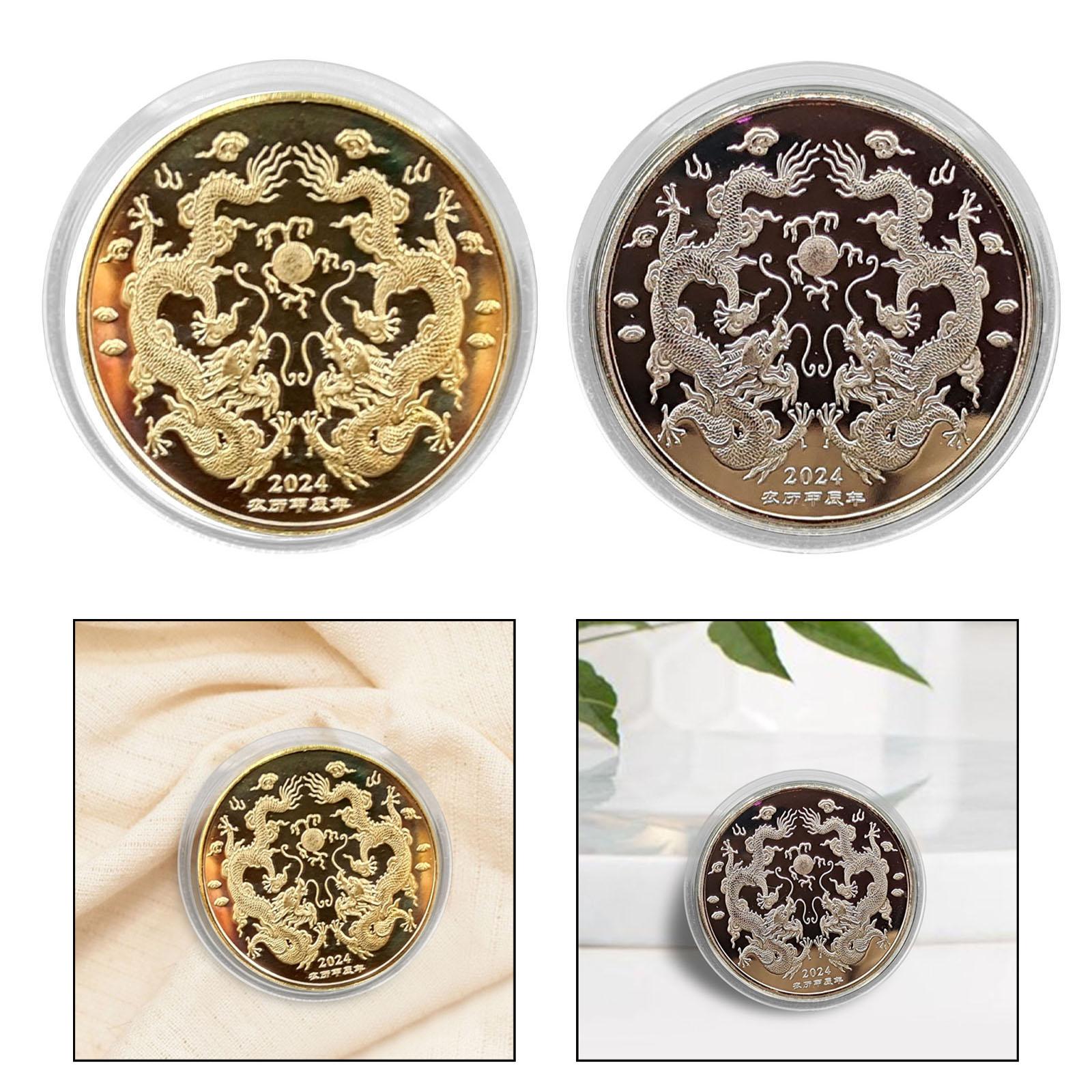 2x2024 Years of The Dragon Chinese Coin Badge Collection Coins for Family Adults Golden