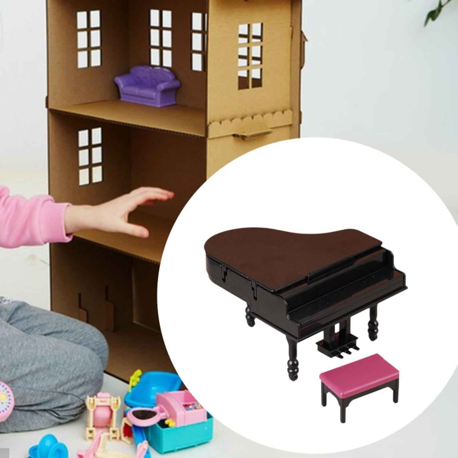 1:12 Scale Dollhouse Mini Grand Piano with Stool for Living Room Bedroom Playhouse