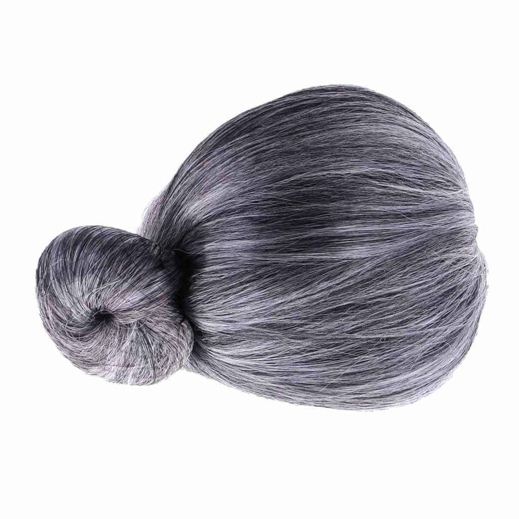 Funny Old Lady Grandma Silver Gray Short Bun Wig Party Cosplay Fancy Dress
