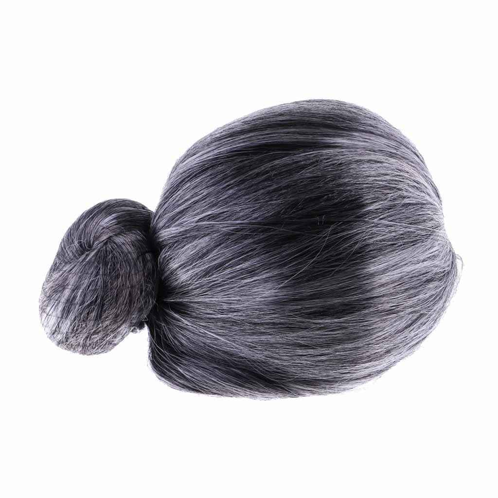 Funny Old Lady Grandma Silver Gray Short Bun Wig Party Cosplay Fancy Dress