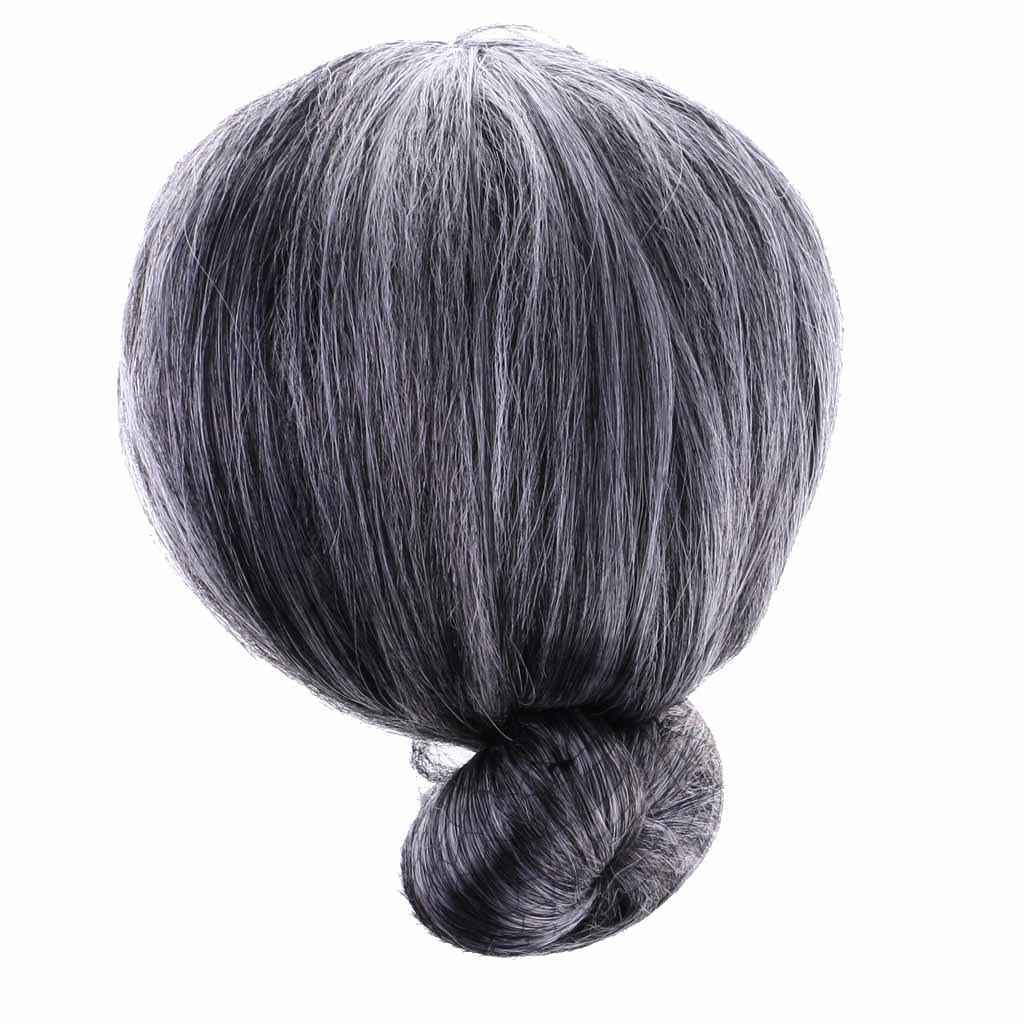 Funny Old Lady Grandma Silver Gray Short Bun Wig Party Cosplay Fancy Dress