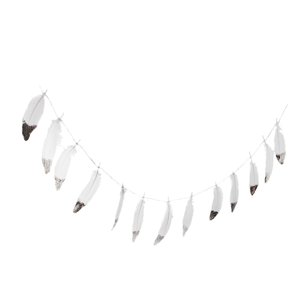 2 Pieces Boho Silver Dipped White Feather Bunting Garland Wall Hanging Decor