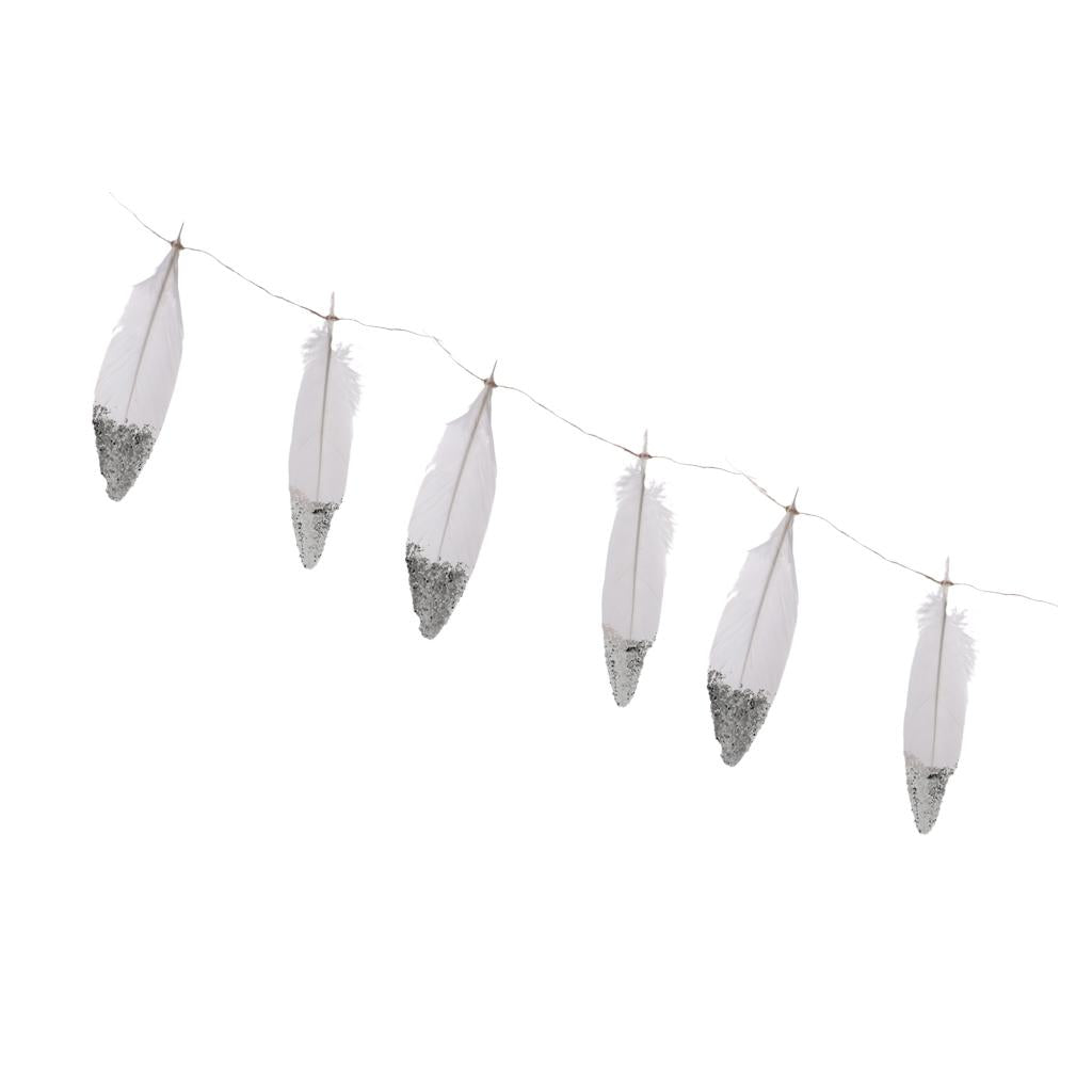 2 Pieces Boho Silver Dipped White Feather Bunting Garland Wall Hanging Decor