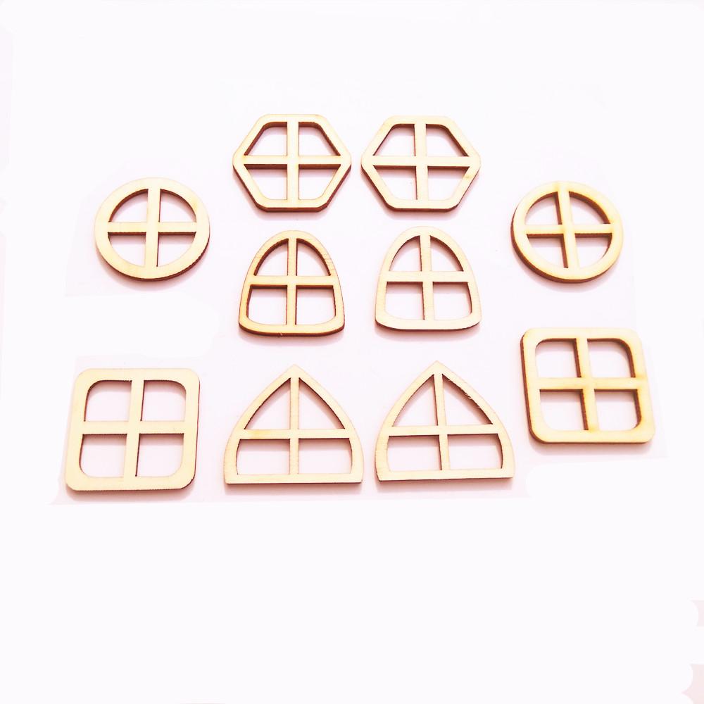 50pcs Set Unpainted Wooden Fairy Windows Shape Craft Embellishments Decor