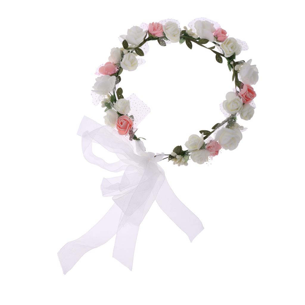 2 Pieces Women's Bridal Flower Hair Wreath Bridesmaid Garland White and Pink