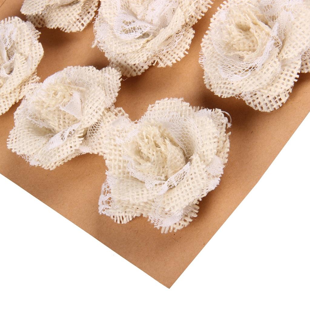 5pcs Hessian Burlap Lace Rose Flower Heads Rustic Wedding Party Decor 6cm