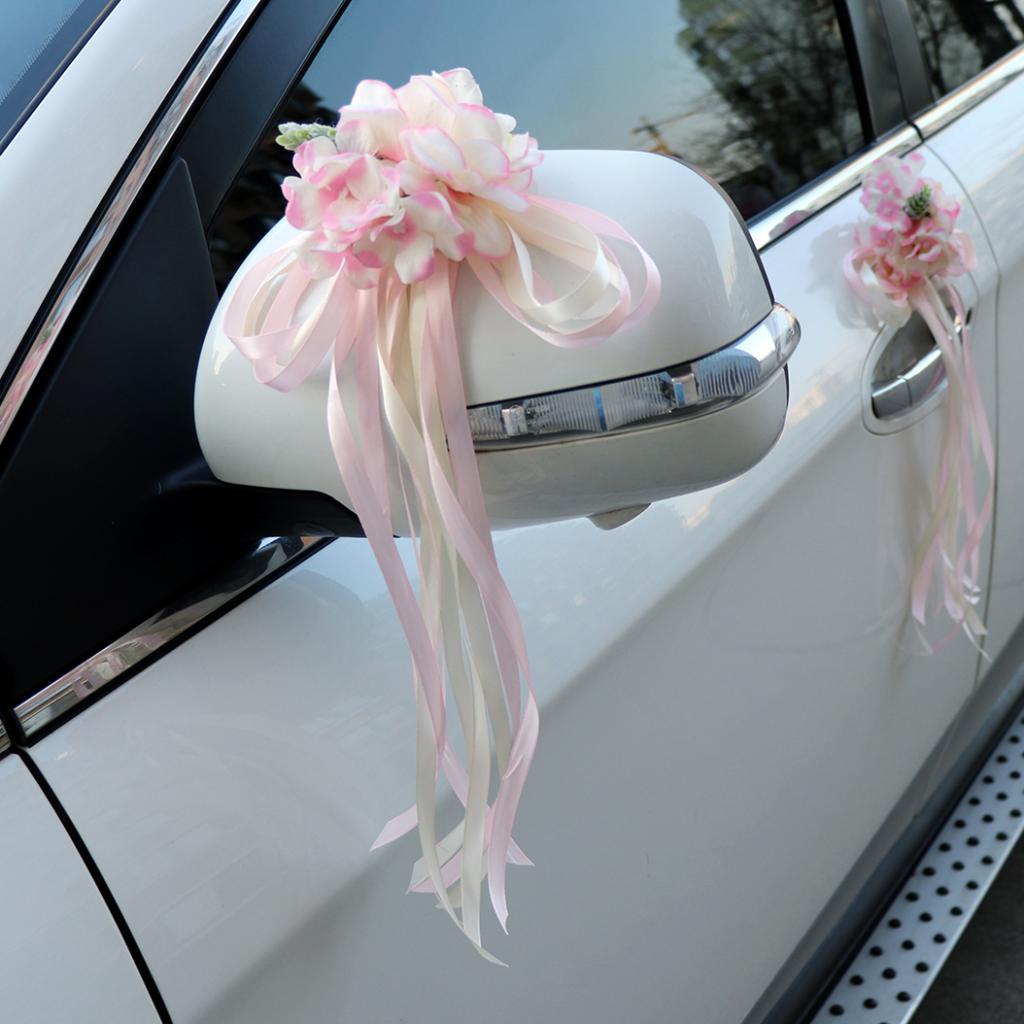 2pcs Artificial Ribbon Flowers Wedding Car Mirror Door Handles Decor Pink