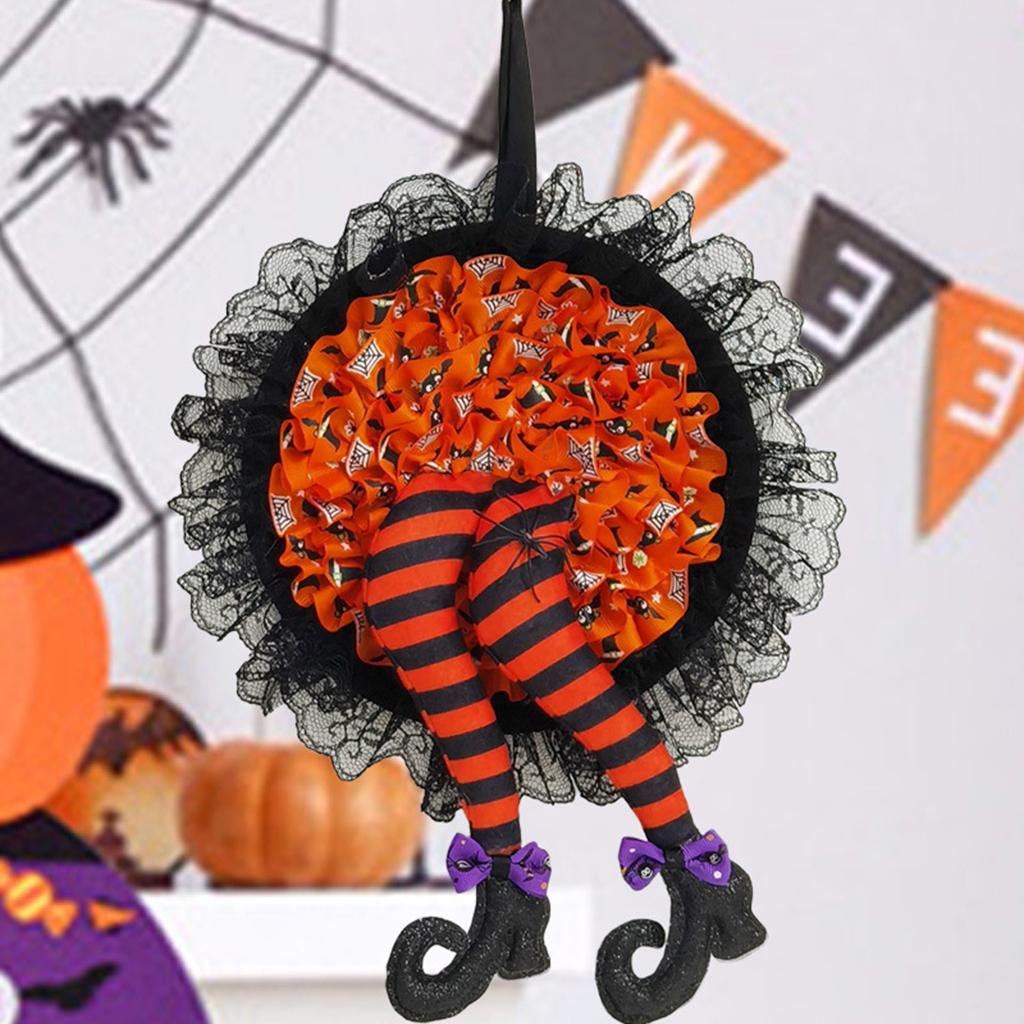 Artificial Halloween Wreath Witch Legs for Door Wall Window Party Orange