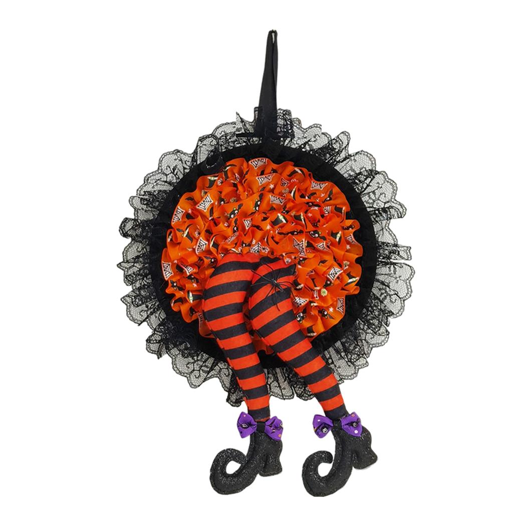 Artificial Halloween Wreath Witch Legs for Door Wall Window Party Orange