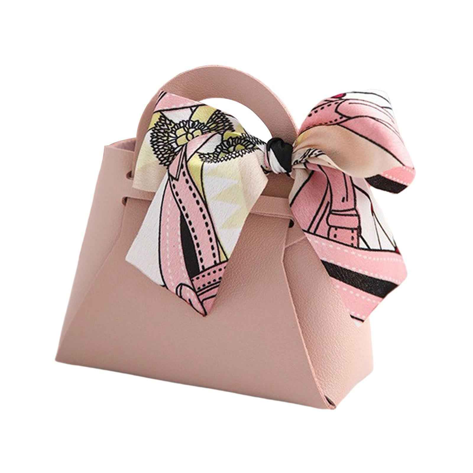 5 Pieces Exquisite PU Leather Wedding Favours Bags Handbag with Ribbons Pink