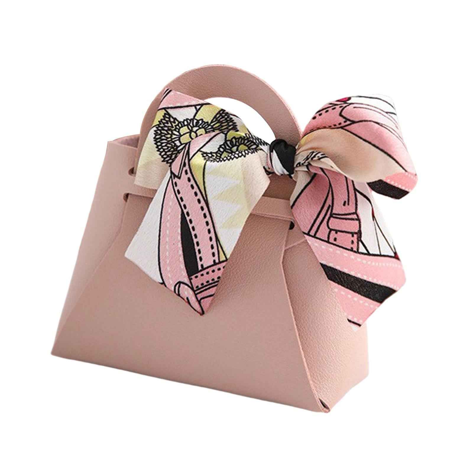 5 Pieces Exquisite PU Leather Wedding Favours Bags Handbag with Ribbons Pink