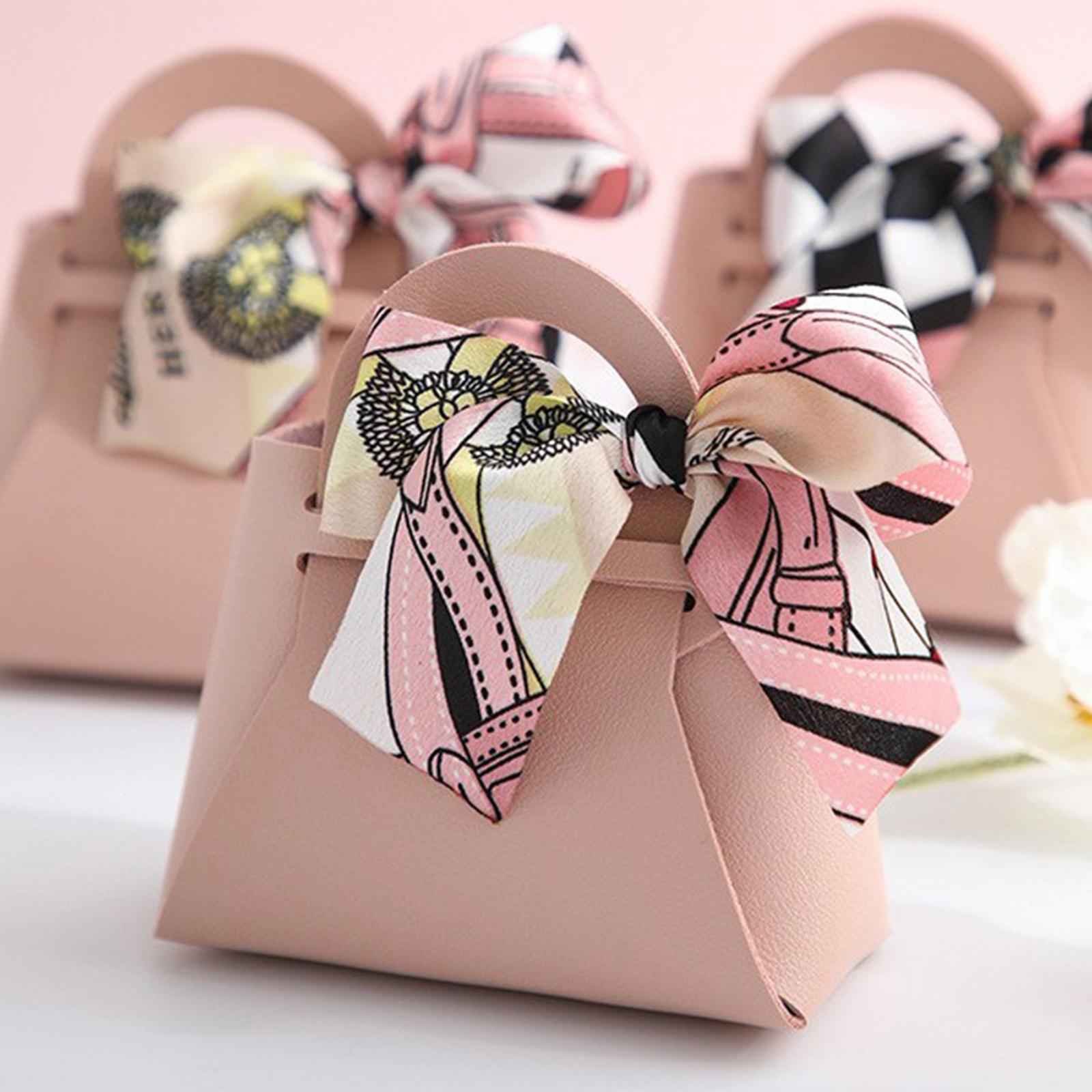 5 Pieces Exquisite PU Leather Wedding Favours Bags Handbag with Ribbons Pink
