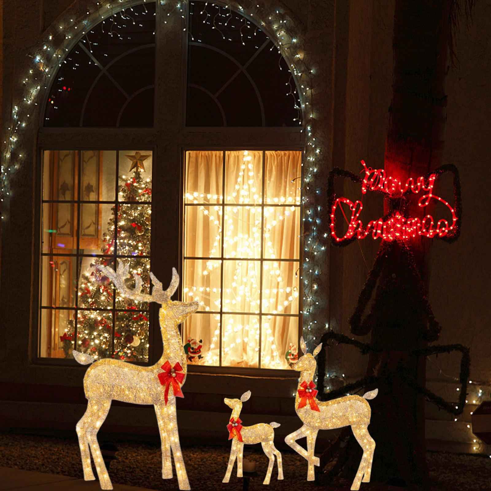 Christmas Deer Yard Ornament with Red Bows Glowing for Outside Garden Home Small
